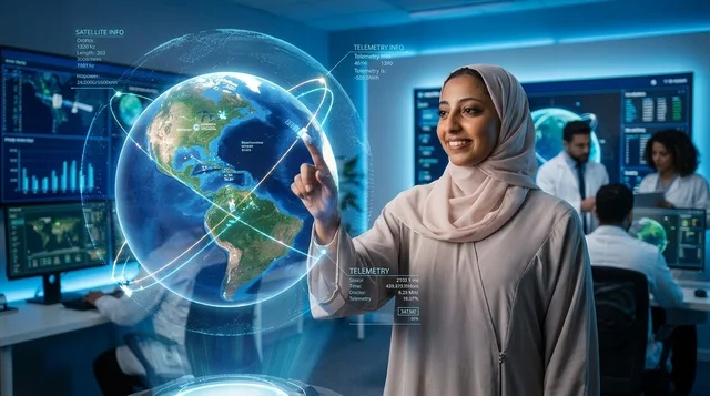 امرأة عربية تستخدم شاشة واجهة هولوغرام رقمية مستقبلية