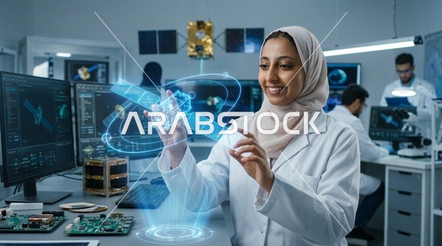 امرأة عربية تستخدم شاشة واجهة هولوغرام رقمية مستقبلية