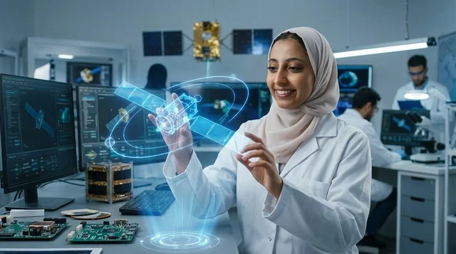 امرأة عربية تستخدم شاشة واجهة هولوغرام رقمية مستقبلية