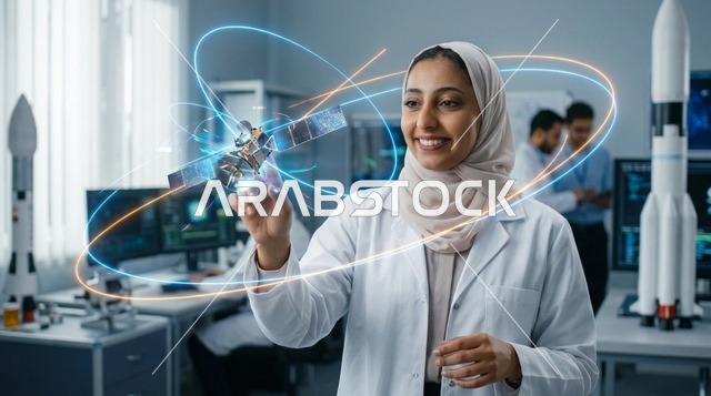 امرأة عربية تستخدم شاشة واجهة هولوغرام رقمية مستقبلية