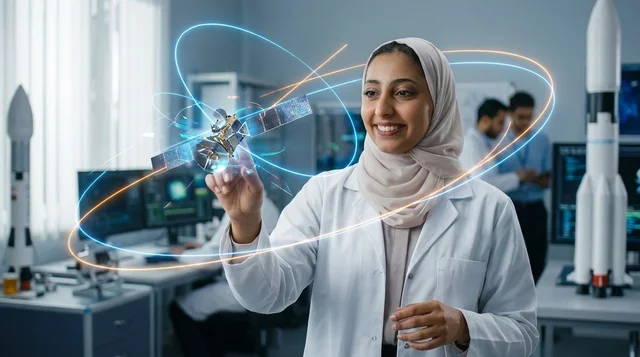 امرأة عربية تستخدم شاشة واجهة هولوغرام رقمية مستقبلية