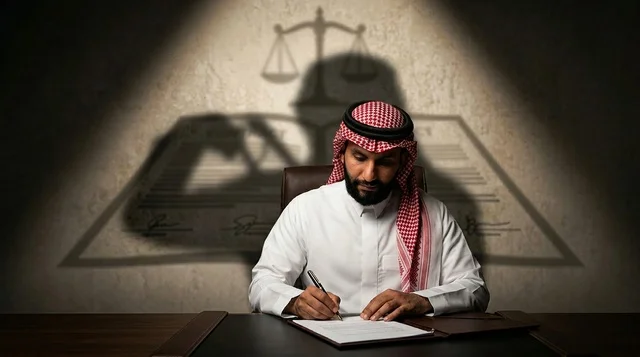 Saudi Lawyer Signing Legal Document with Justice Shadow