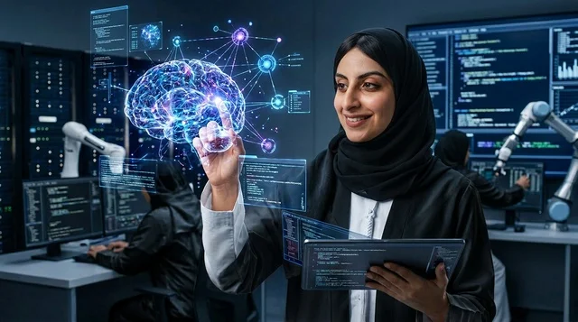 عالمة عربية تتفاعل مع دماغ هولوغرافي في مختبر
