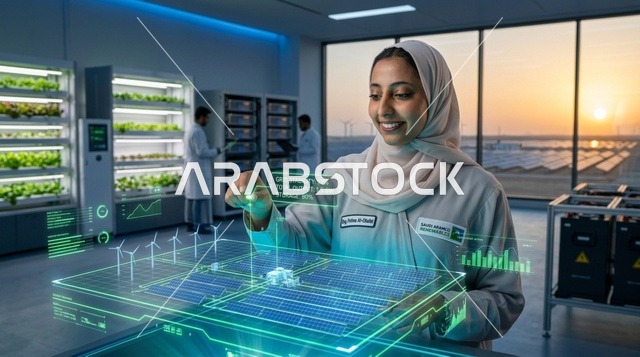 امرأة عربية تستخدم شاشة واجهة هولوغرام رقمية مستقبلية
