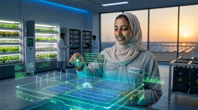 امرأة عربية تستخدم شاشة واجهة هولوغرام رقمية مستقبلية
