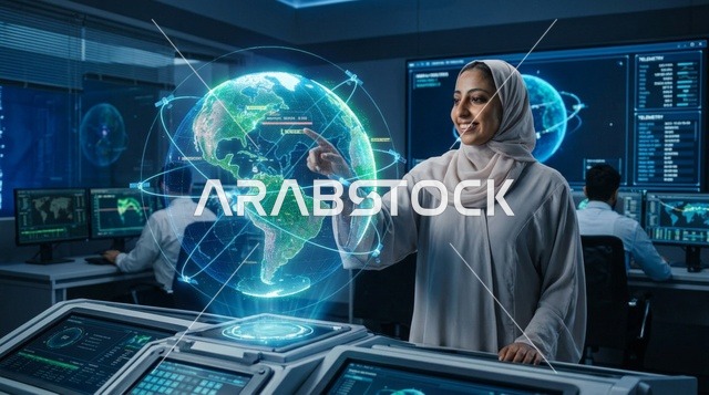 امرأة عربية تستخدم شاشة واجهة هولوغرام رقمية مستقبلية