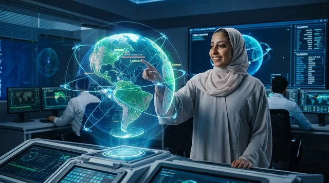امرأة عربية تستخدم شاشة واجهة هولوغرام رقمية مستقبلية