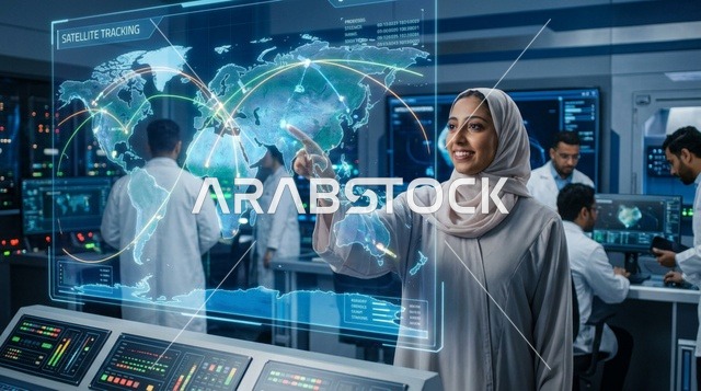 امرأة عربية تستخدم شاشة واجهة هولوغرام رقمية مستقبلية