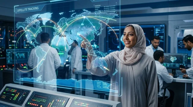 An Arab woman using a futuristic digital hologram interface screen.