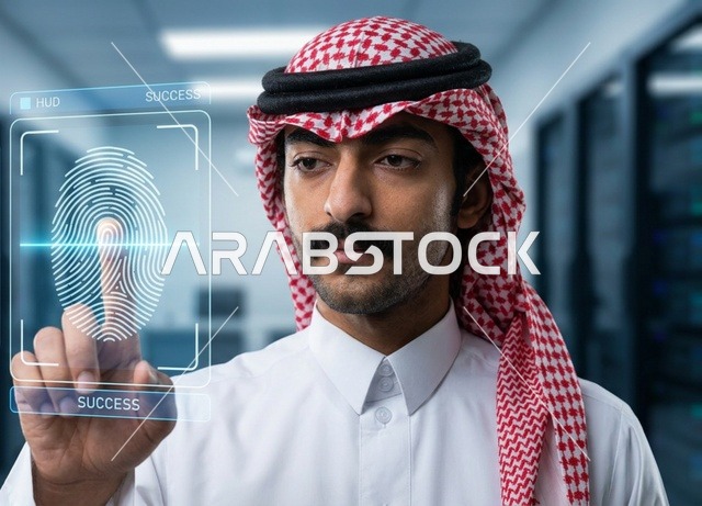 Saudi Man Interacting with Biometric Hologram Screen