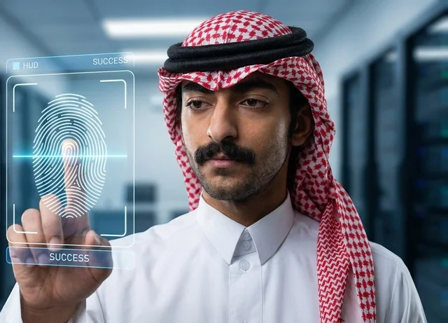 Saudi Man Interacting with Biometric Hologram Screen