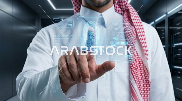 رجل سعودي يتفاعل مع شاشة هولوجرام بيومترية ذكية