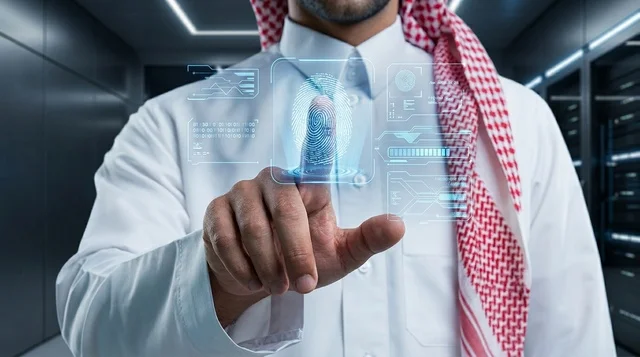 رجل سعودي يتفاعل مع شاشة هولوجرام بيومترية ذكية