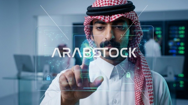 رجل سعودي يتفاعل مع شاشة هولوجرام بيومترية ذكية