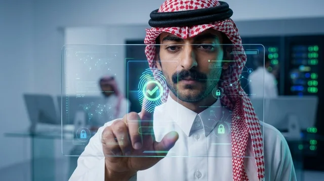 رجل سعودي يتفاعل مع شاشة هولوجرام بيومترية ذكية