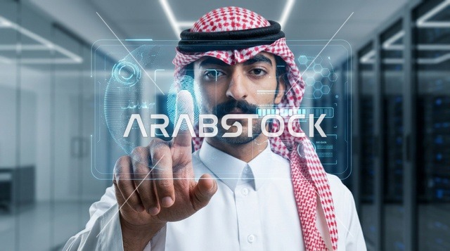 Saudi Man Interacting with Biometric Hologram Screen