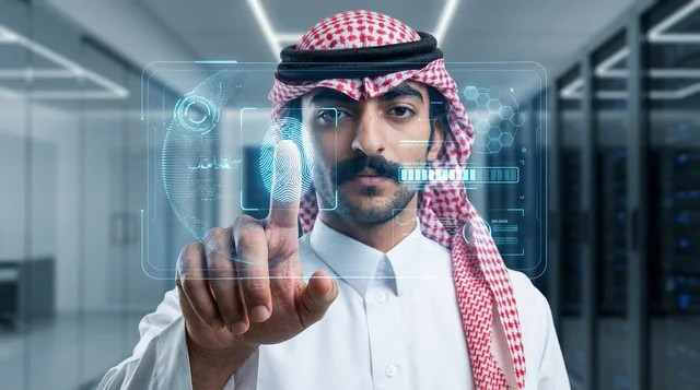 Saudi Man Interacting with Biometric Hologram Screen