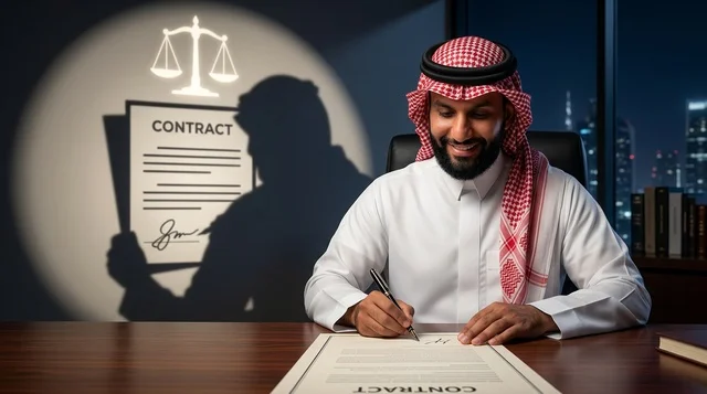 محامي سعودي يوقع وثيقة قانونية مع ظل ميزان العدل