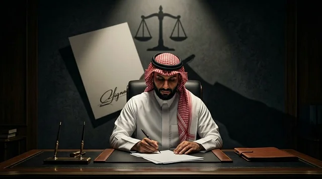 Saudi Lawyer Signing Legal Document with Justice Shadow
