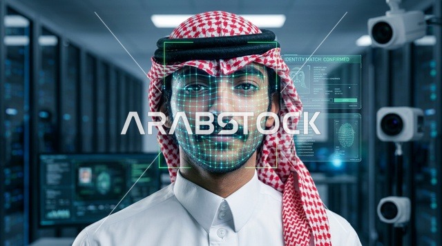 Saudi Man Interacting with Biometric Hologram Screen