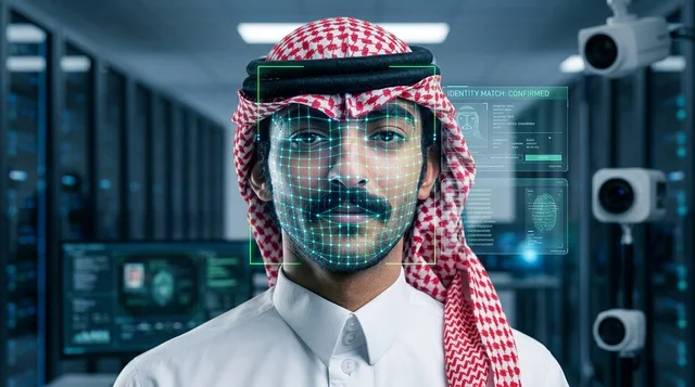 Saudi Man Interacting with Biometric Hologram Screen