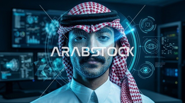 رجل سعودي يتفاعل مع شاشة هولوجرام بيومترية ذكية