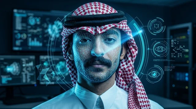Saudi Man Interacting with Biometric Hologram Screen
