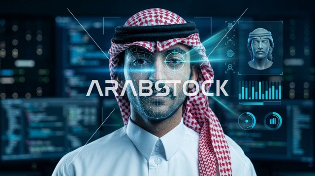 Saudi Man Interacting with Biometric Hologram Screen