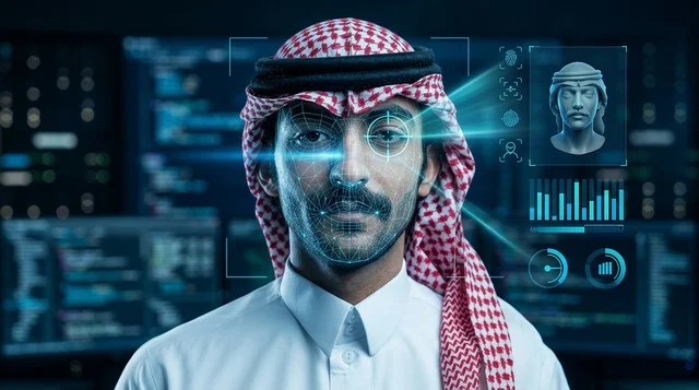 Saudi Man Interacting with Biometric Hologram Screen