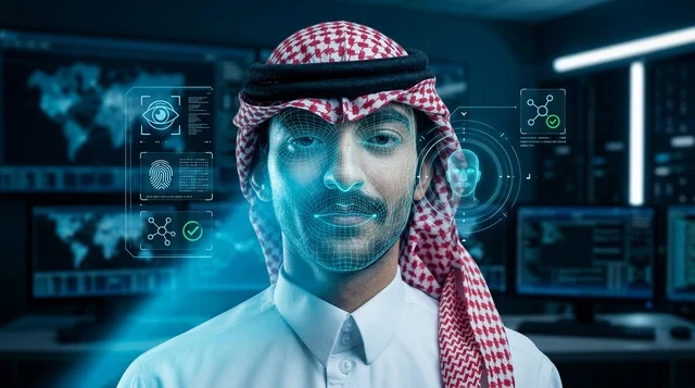 Arab Man Biometric Facial Recognition Scan in Tech Lab