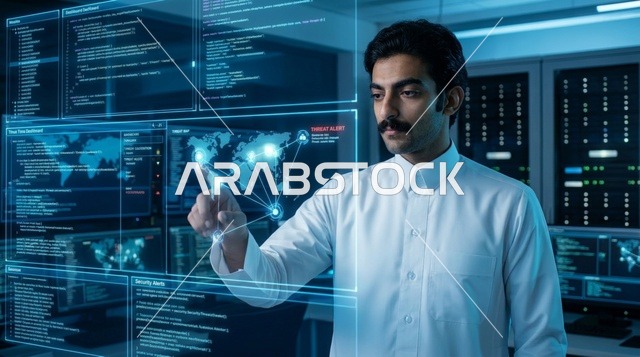Saudi Man Interacting with Biometric Hologram Screen
