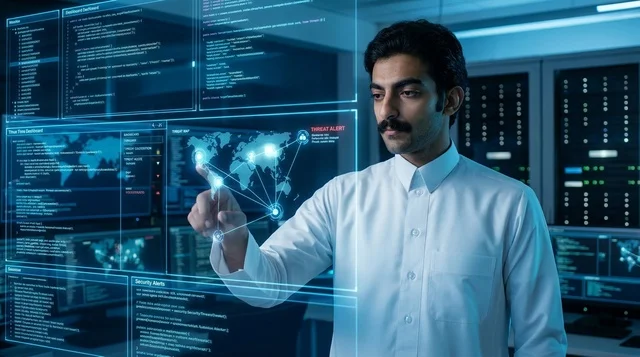 Saudi Man Interacting with Biometric Hologram Screen