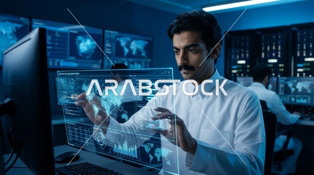 Arab IT Specialist Interacting with Holographic Screen