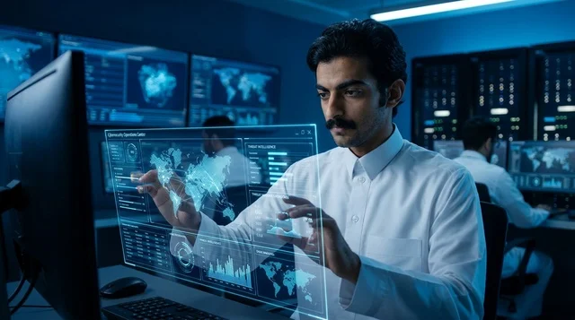 Arab IT Specialist Interacting with Holographic Screen