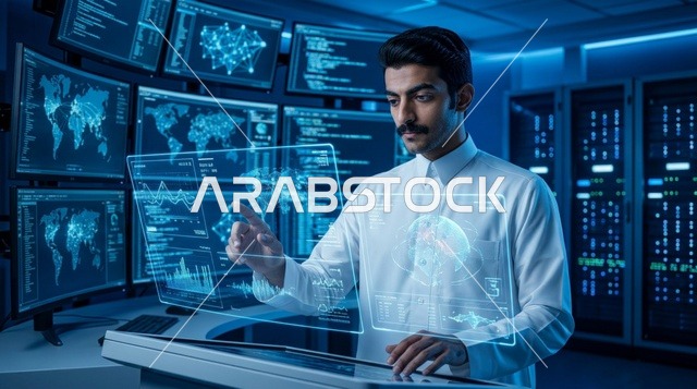 Saudi Man Interacting with Biometric Hologram Screen