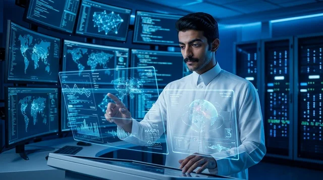 رجل سعودي يتفاعل مع شاشة هولوجرام بيومترية ذكية