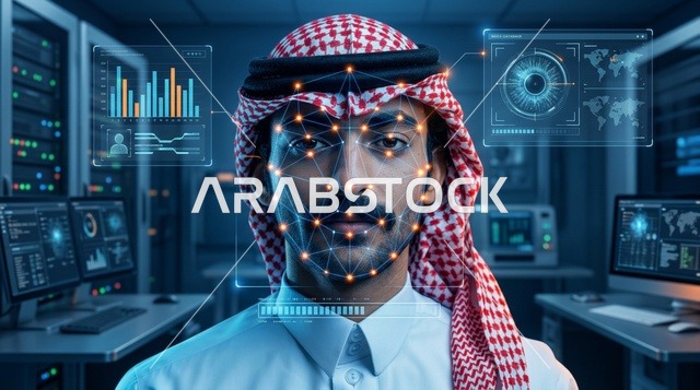 Saudi Man Interacting with Biometric Hologram Screen