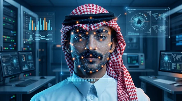 Saudi Man Interacting with Biometric Hologram Screen