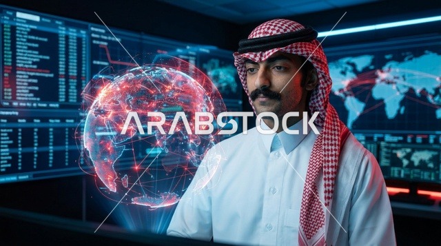 مختص سعودي يراقب شاشات البيانات في غرفة تحكم ذكية
