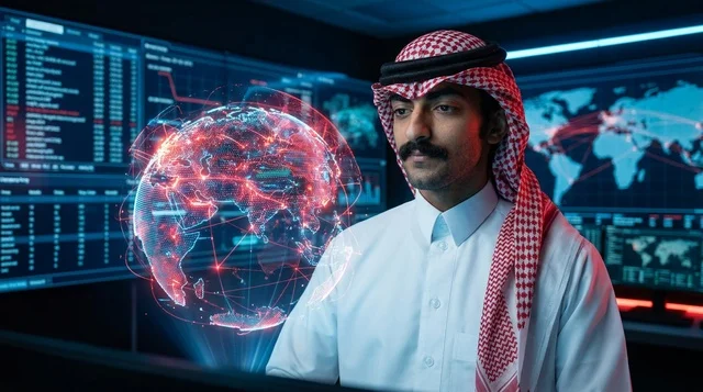 مختص سعودي يراقب شاشات البيانات في غرفة تحكم ذكية