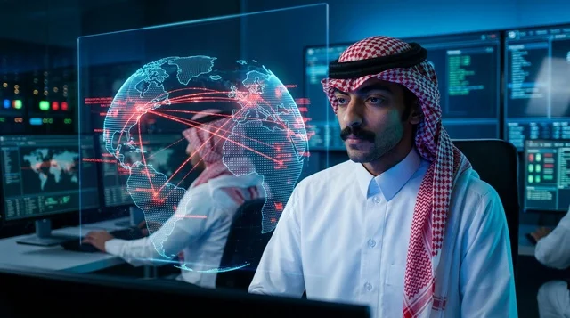 Saudi IT Specialist in Futuristic Tech Control Room
