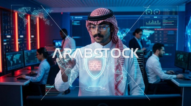 أخصائي أمن سيبراني سعودي يعمل على هولوغرام تفاعلي