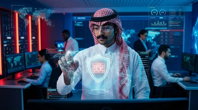 Saudi IT Specialist Working on Cybersecurity Hologram