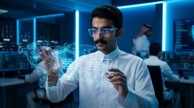 Arab IT Specialist with Holographic Cybersecurity Interface