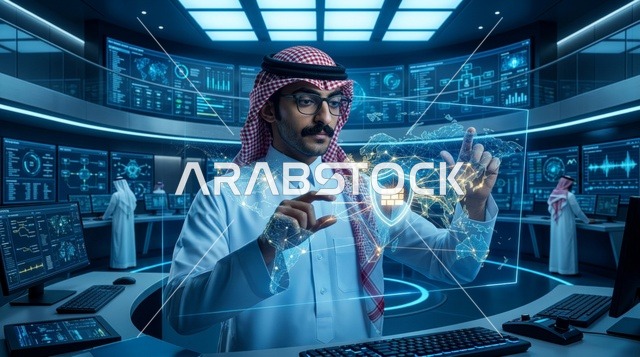 رجل سعودي يستخدم الهولوغرام في غرفة الأمن السيبراني