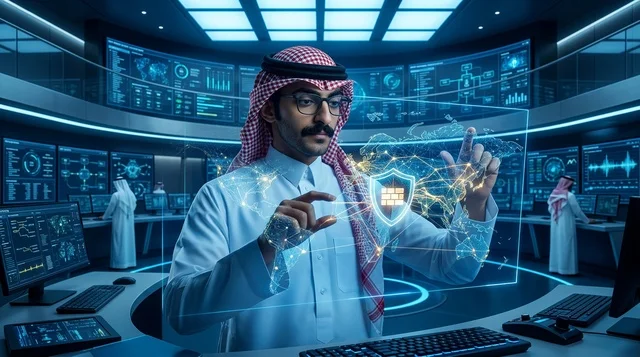 Saudi Man Using Hologram in Cybersecurity Control Room