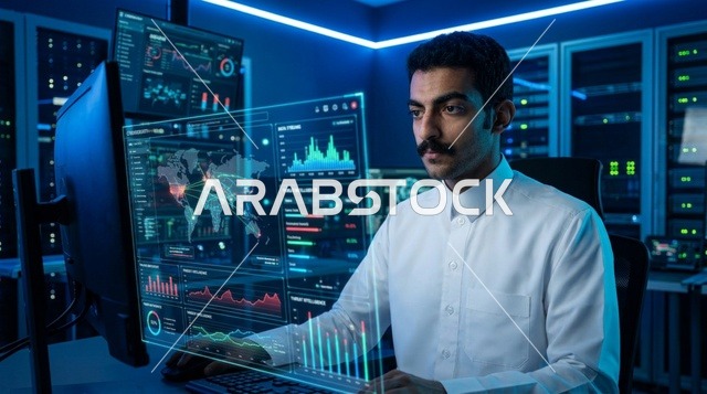 أخصائي تقنية معلومات عربي يحلل البيانات في غرفة خوادم