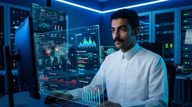 Arab IT Specialist Analyzing Hologram Data in Server Room