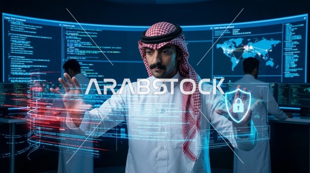 أخصائي أمن سيبراني سعودي مع واجهة هولوغرام تفاعلية