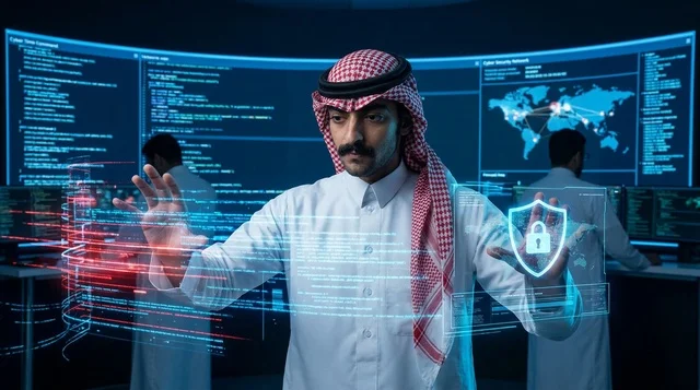Saudi Cybersecurity Specialist with Digital Hologram
